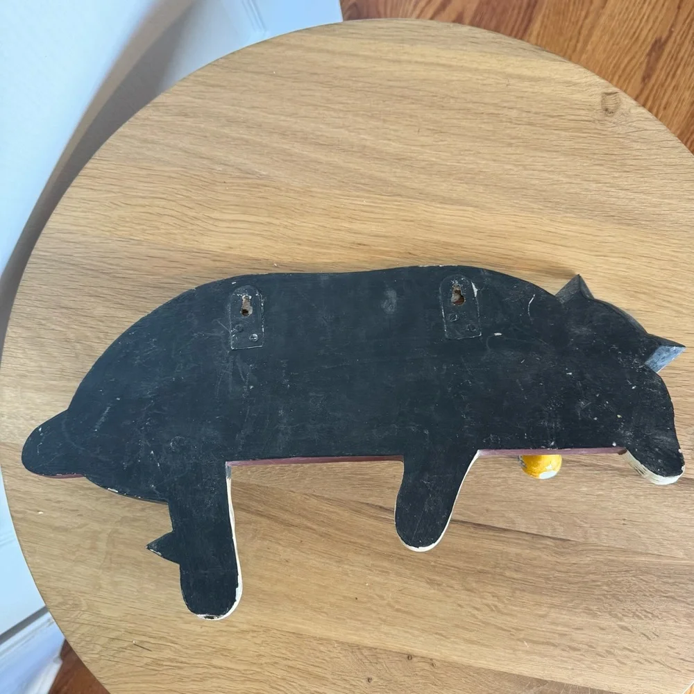 Vintage Hand Painted Wood Primitive Grey White Cat Hat Coat Hook Rack Unique